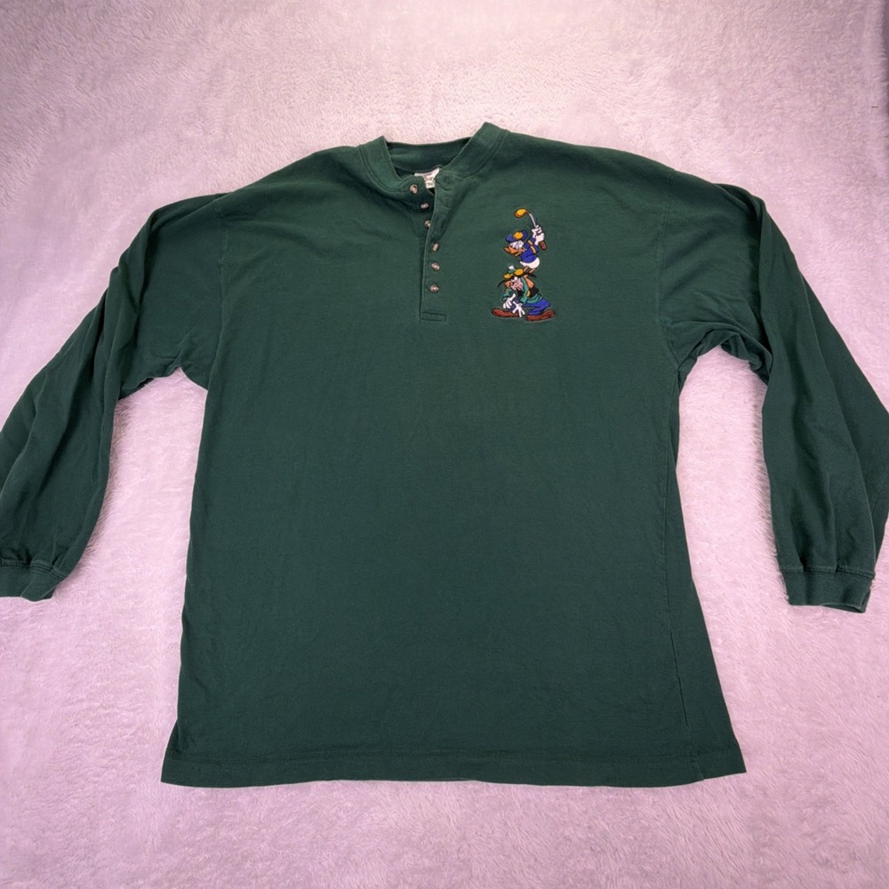 Vintage Disney Store Womens XL Green Golf Henley Top Mickey Goofy Donald‎ Pluto